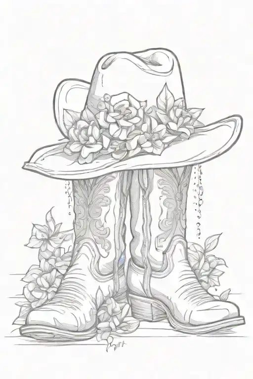 cow-boy boots and à cow-boy hat whit flower growing tattoo design idea