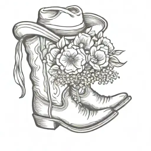 cow-boy boots whit hat on top and flower bouquet tattoo design idea