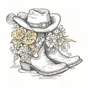 cow-boy boots whit hat on top and flower bouquet tattoo design idea