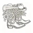 cow-boy boots whit hat on top and flower bouquet tattoo design idea
