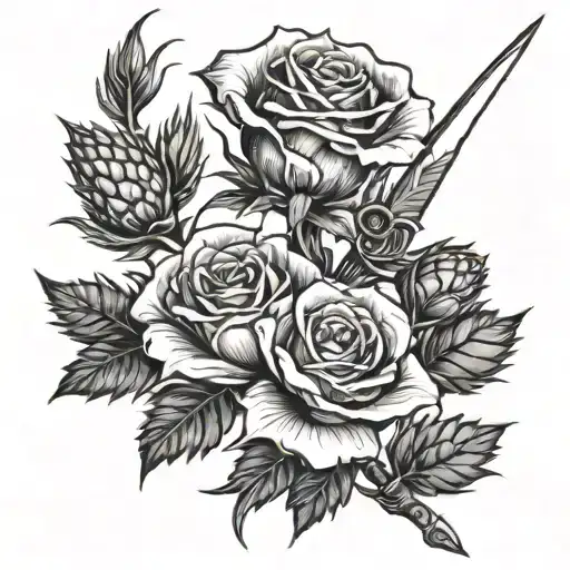 A rose and thistle combined with a sword, symbolizing strength and beauty tattoo design idea
