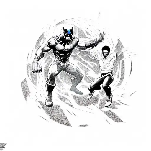 Design a tattoo featuring Black Panther and Static Shock teaming up in a dynamic action pose tattoo design idea