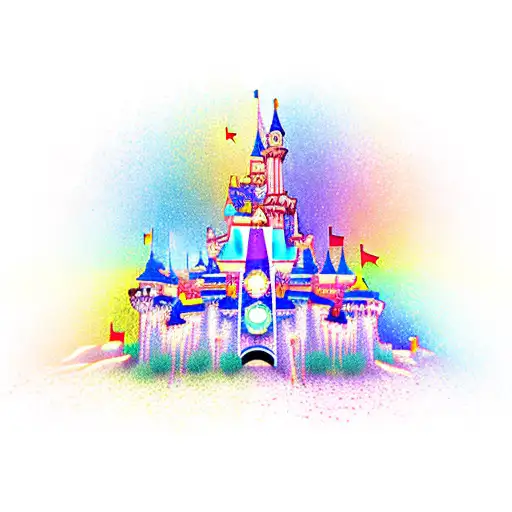 A whimsical Disney castle surrounded by a vibrant rainbow, symbolizing pride and love. tattoo design idea