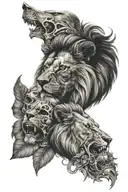 half skull half lion surrounded tattoo design idea