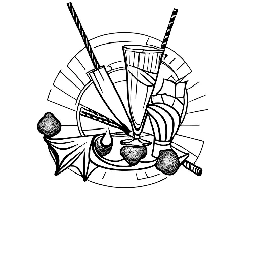 Glass of cocktail, kiss lips and  Billiard hole tattoo design idea