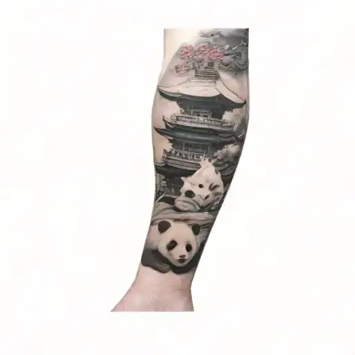 a japanese pagoda with a panda a the bottom and a dragon floating above the pagoda tattoo design idea