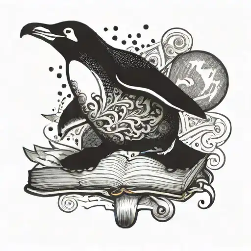 A fun tattoo design of a penguin skating on ice, with a book in one flipper and a paintbrush in the other, showcasing your diverse interests and hobbies tattoo design idea
