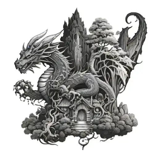 A mystical forest with hidden paths and a dragon lurking in the shadows tattoo design idea