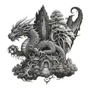 A mystical forest with hidden paths and a dragon lurking in the shadows tattoo design idea