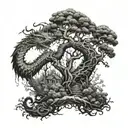 A mystical forest with hidden paths and a dragon lurking in the shadows tattoo design idea