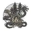 A mystical forest with hidden paths and a dragon lurking in the shadows tattoo design idea