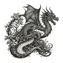 A mystical forest with hidden paths and a dragon lurking in the shadows tattoo design idea