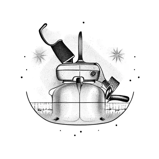 A whimsical kitchen utensil collage incorporating a lawnmower blade tattoo design idea