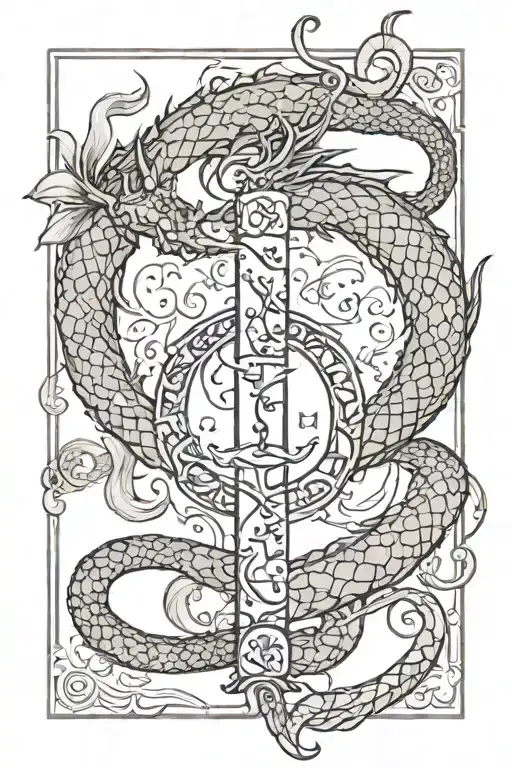 A tattoo of a dragon wrapping around the spine, with the Gemini symbol on one side and the Lovers card from the Tarot on the other side, incorporating elements of air and Mercury tattoo design idea