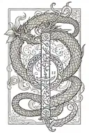 A tattoo of a dragon wrapping around the spine, with the Gemini symbol on one side and the Lovers card from the Tarot on the other side, incorporating elements of air and Mercury tattoo design idea