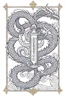 A tattoo of a dragon wrapping around the spine, with the Gemini symbol on one side and the Lovers card from the Tarot on the other side, incorporating elements of air and Mercury tattoo design idea