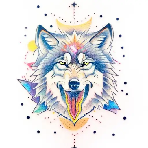 wolf, new moon, rose and watercolor butterfly tattoo design idea