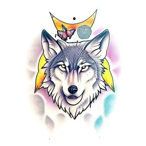 wolf, new moon, butterfly tattoo design idea