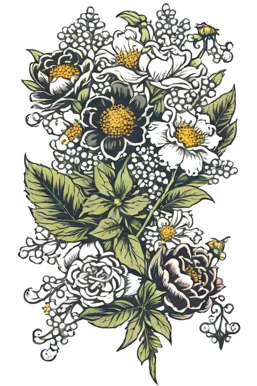 flower bouquet with 1 carnation, 1 daisy, 1 lily of the valley, 2 honey suckles, 2 poppy tattoo design idea