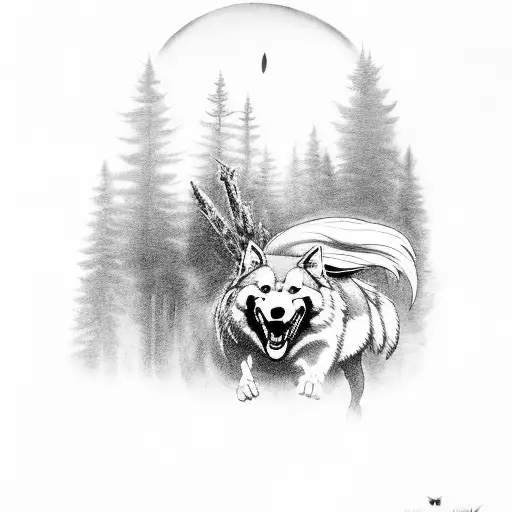 Lobo running through a forest tattoo design idea