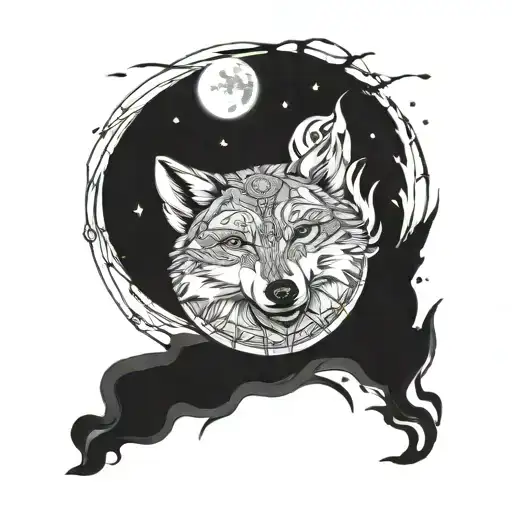 Wolf, jin jan, compass, full moon tattoo design idea