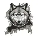 Wolf, jin jan, compass, full moon tattoo design idea