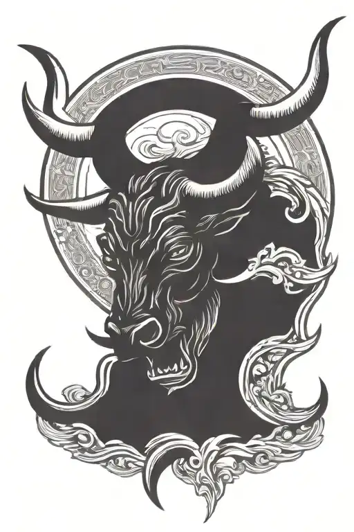 angry Taurus head and moon merging together symbolizing tattoo design idea