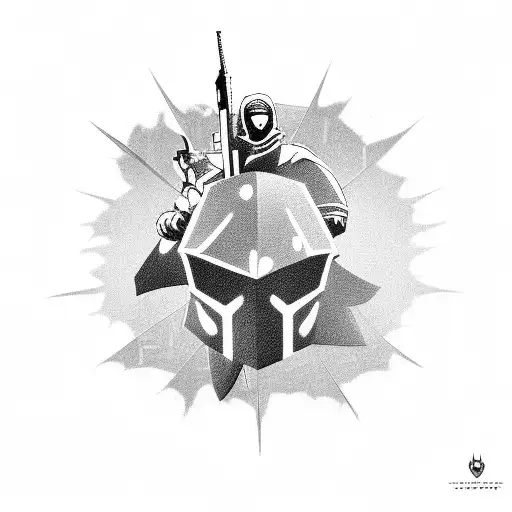 An intricate black and grey design featuring iconic weapons and items from Fortnite tattoo design idea