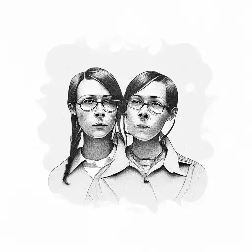 A black-grey tattoo of a lesbian couple holding hands with a graphic design pattern in the background tattoo design idea