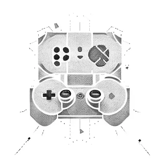 A minimalist dotwork tattoo of a gaming controller with subtle Fortnite elements incorporated tattoo design idea