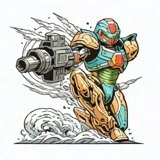 Samus Aran firing arm cannon shooting out a super missile tattoo design idea