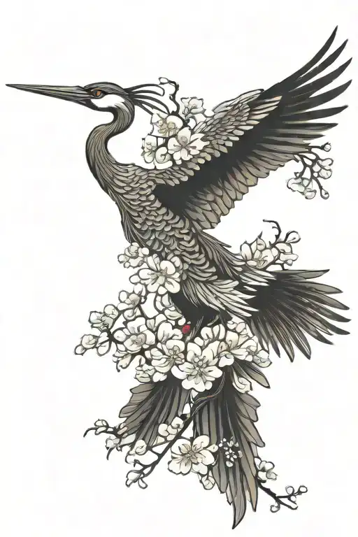 The crane is depicted in flight with outstretched wings. It can be surrounded by clouds and cherry blossom branches tattoo design idea
