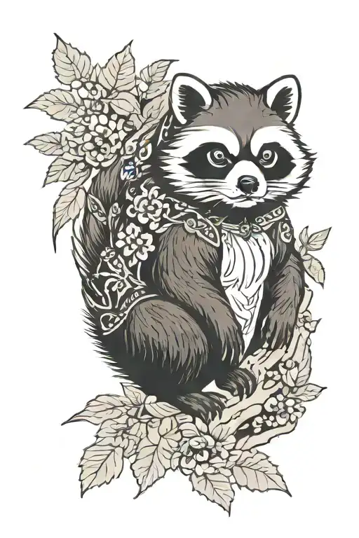 The Tanuki is depicted in a playful pose, surrounded by leaves  tattoo design idea