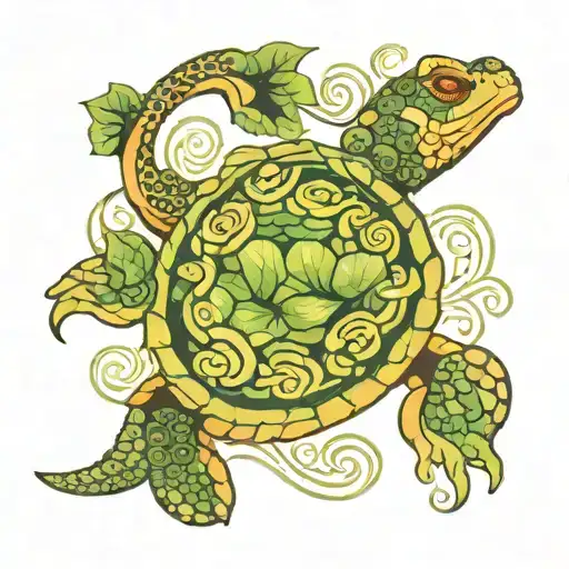 The Kappa is depicted among aquatic plants and waves. It can be represented with a turtle shell and wet skin, holding  tattoo design idea