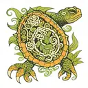 The Kappa is depicted among aquatic plants and waves. It can be represented with a turtle shell and wet skin, holding  tattoo design idea