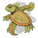 The Kappa is depicted among aquatic plants and waves. It can be represented with a turtle shell and wet skin, holding  tattoo design idea