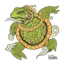 The Kappa is depicted among aquatic plants and waves. It can be represented with a turtle shell and wet skin, holding  tattoo design idea