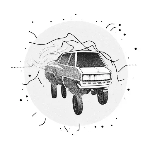 Incorporate a drifting car silhouette with smoke trails into a dynamic composition tattoo design idea