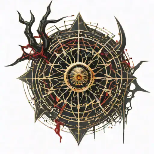 Satanic Realistic Eye, cracked and bleeding. dark black blood red. Bleeding Thorns black spider web and Golden Horns tattoo design idea