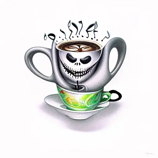 A surreal composition of Jack Skellington dancing in a coffee cup, with swirling patterns of coffee and musical notes tattoo design idea