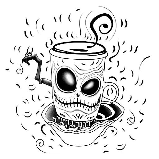 A surreal composition of Jack Skellington dancing in a coffee cup, with swirling patterns of coffee and musical notes tattoo design idea