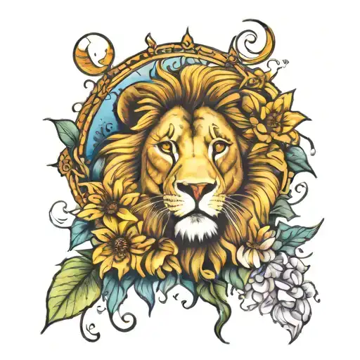lion, water lilys, sunflowers, cresent moon surrounded tattoo design idea
