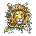 lion, water lilys, sunflowers, cresent moon surrounded tattoo design idea