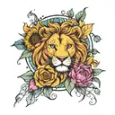 lion, water lilys, sunflowers, cresent moon surrounded tattoo design idea