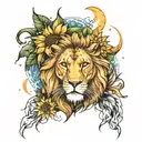 lion, water lilys, sunflowers, cresent moon surrounded tattoo design idea