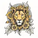lion, water lilys, sunflowers, cresent moon surrounded tattoo design idea