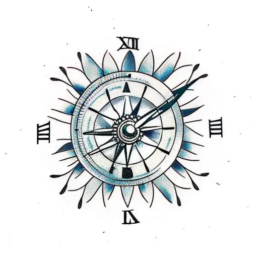 clock compass sunflower tattoo design idea