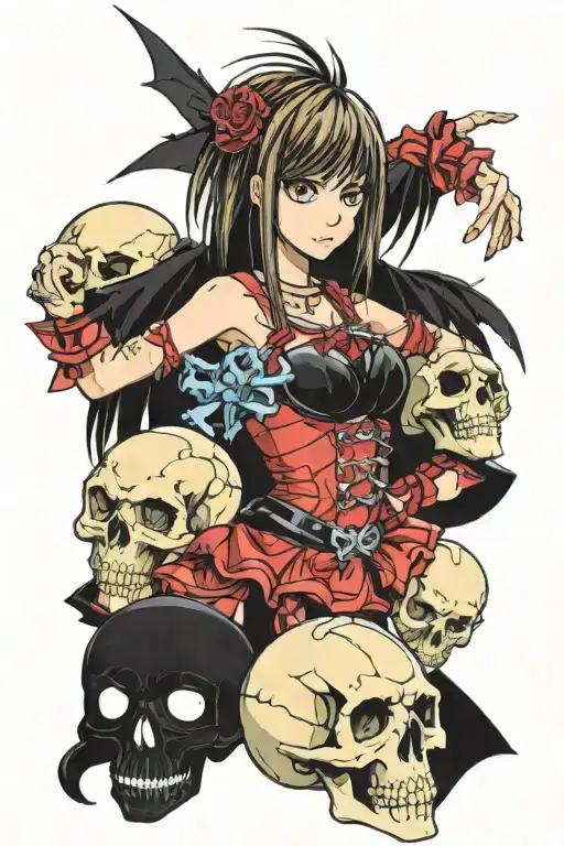 misa misa from death note, skulls present, ominous tattoo design idea