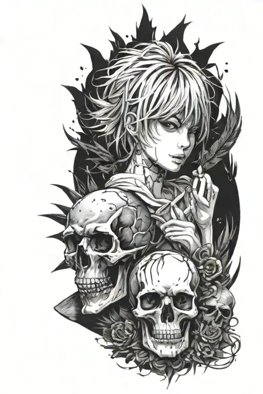 misa misa from deathnote and ryuk with a skull presence, black and white tattoo design idea