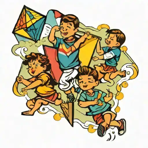 A traditional tattoo of a group of kids playing with colorful kites in the sky tattoo design idea